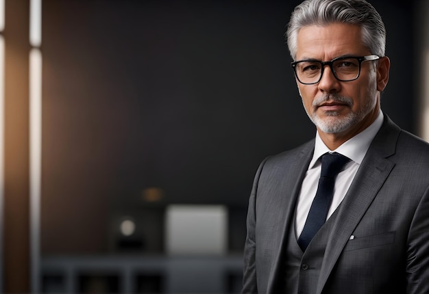 portrait of handsome bussines man grey hair bussines banner copy space text