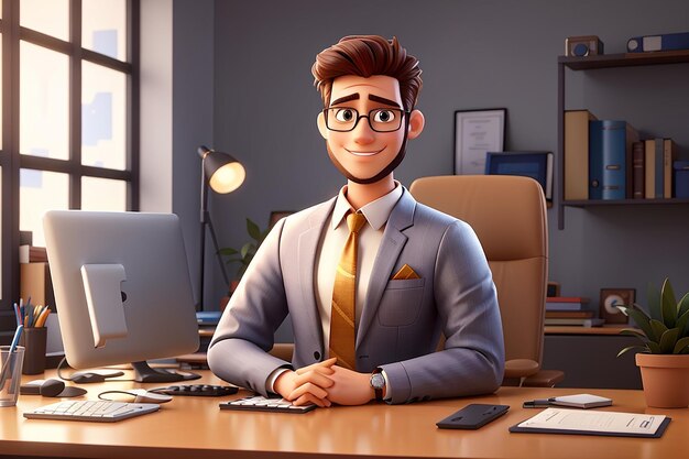 Portrait of a handsome cartoon character 3d illustration office manager concept