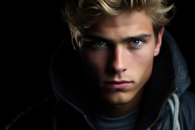 Portrait of handsome caucasian guy blond looking at camera the face of male young model on dark background