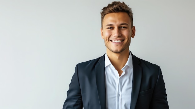 Portrait of handsome caucasian man in formal suit looking at camera smiling with toothy smile isolated in white background