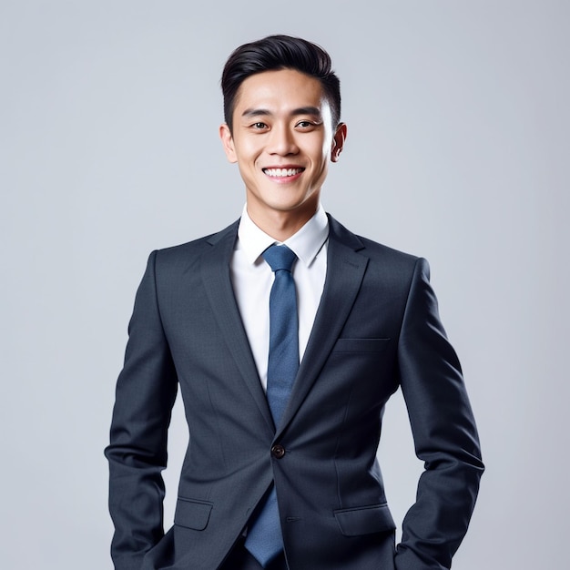 Portrait of a handsome confident businessman wearing suit standing isolated