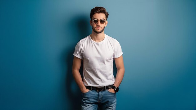 Photo portrait of handsome confident stylish hipster lambersexual modelman dressed in white tshirt and je