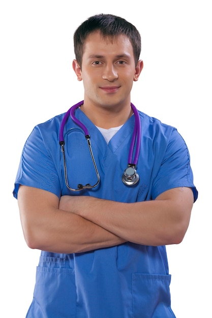 흰색 배경에 고립 된 파란색 유니폼을 입고 잘 생긴 의사의 초상화