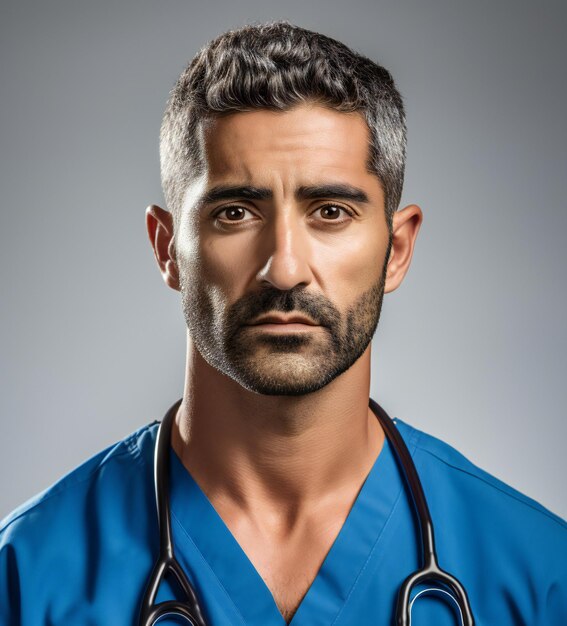 Photo portrait of a handsome doctor with stethoscope in blue uniform