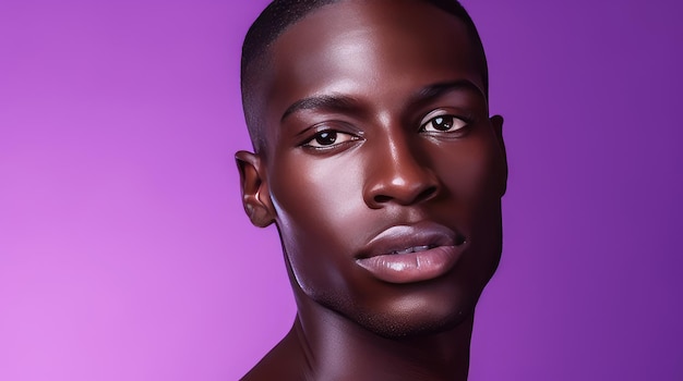 Portrait of a handsome elegant sexy African man with dark and perfect skin on a purple background