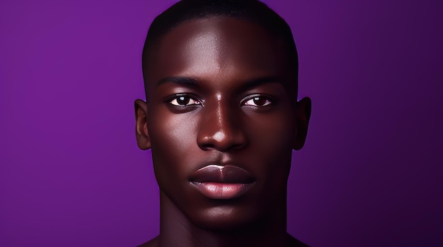 Portrait of a handsome elegant sexy African man with dark and perfect skin on a purple background