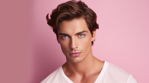 Portrait of a handsome elegant sexy Caucasian man with perfect skin on pink background closeup Adv