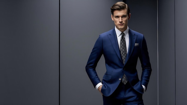 Portrait of handsome fashion stylish businessman model dressed in elegant blue suit posing on gray