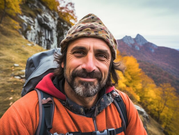 A portrait of handsome guy tourist in beautiful mountain tracking route Man wear the sport active wear with backpack Ai generative