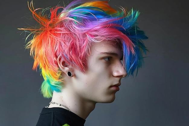 Ritratto di un bel ragazzo con capelli asimmetrici al neon arcobaleno su sfondo grigio