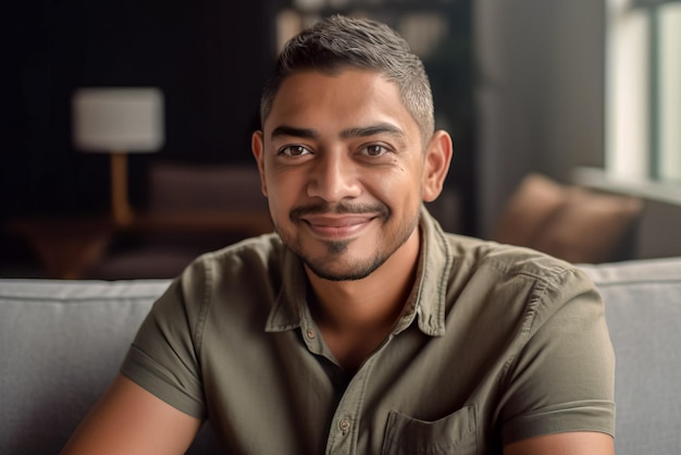 Portrait of handsome Indian man sitting on couch in living room at home Generative AI