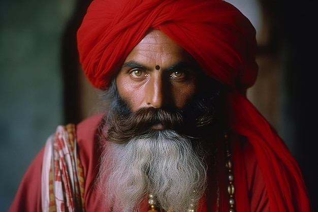 Foto ritratto di un bell'uomo sikh indiano con turbante rosso e barba
