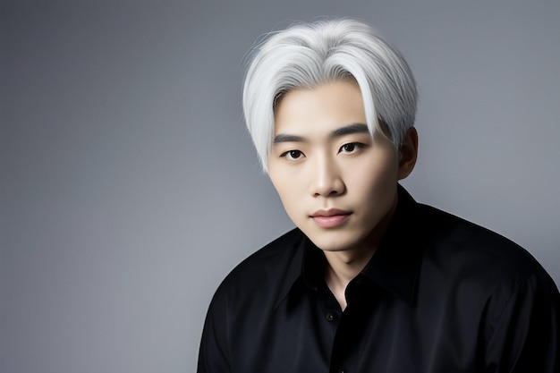 Portrait of a handsome Japanese male model with white hair in a black shirt on a light gray backgrou