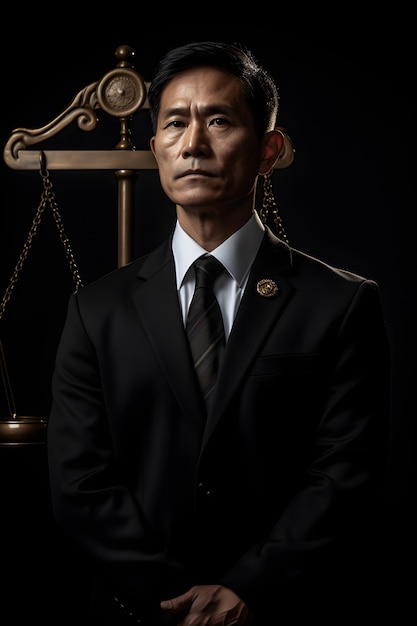 黒いスーツを着たハンサムな弁護士のアジア人男性の肖像画
