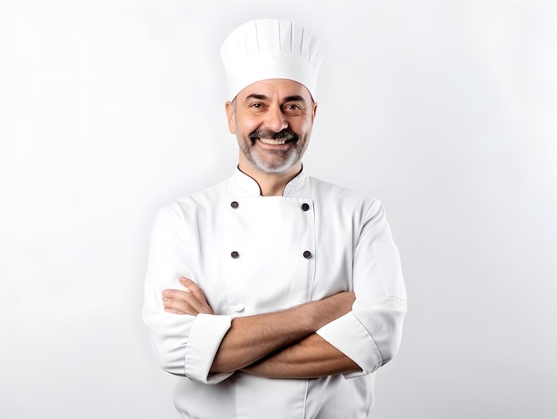 Portrait of handsome male chef with crossed arm in studio