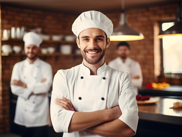 Photo portrait of a handsome male chef with defocused other teammates