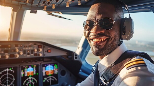 Photo portrait of handsome male pilot sitting in cockpit of airplane