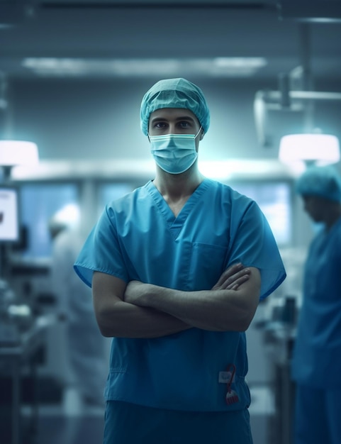 生成 AI に対してポーズをとる青いスモックを着た医療帽をかぶったハンサムな男性の白人医師の肖像画