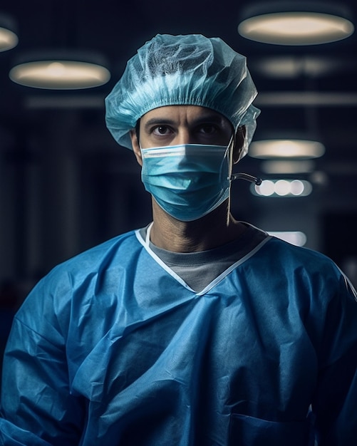 Portrait of a handsome male white doctor at medical mask and cap in blue smock posin Generative AI