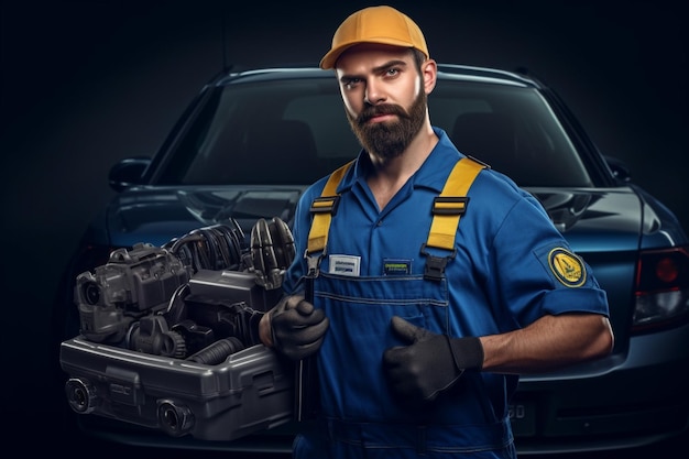 Portrait of a handsome male worker with toolbox on a black background