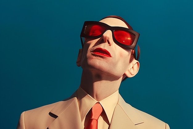 Portrait of a handsome man in a beige suit and red sunglasses