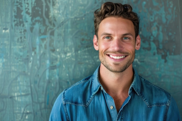 Portrait of handsome man in blue shirt with smiling face