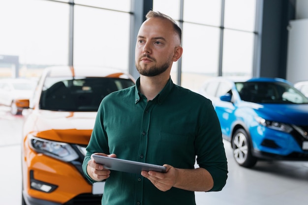 Portrait of a handsome man a car dealership manager in a shirt and trousers holding a tablet in his hands against the background of the showroom