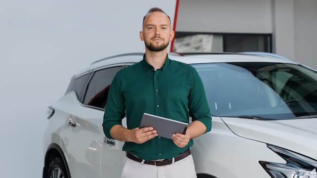 ショールームの背景にタブレットを手に持ったシャツとズボンを着たハンサムな男性の自動車販売店のマネージャーのポートレート