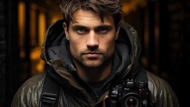 Photo portrait of a handsome man in a dark room with a vintage interior in background