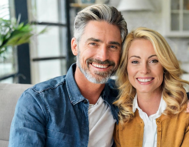 portrait of handsome man grey hair and cheerful blonde woman 40 years old couple in couch home inter