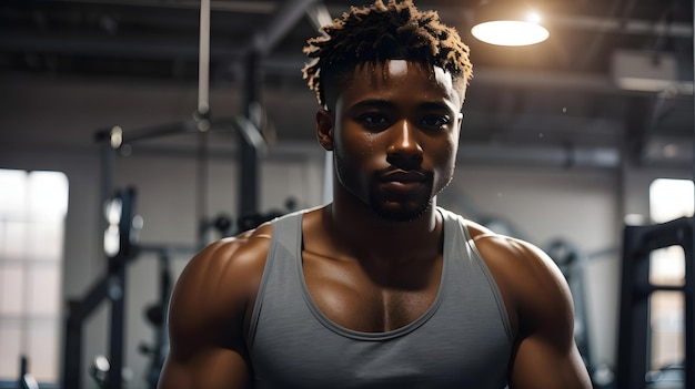 Photo portrait of handsome man looking away in gym