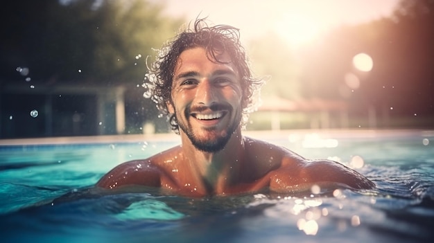 Photo portrait of a handsome man in the pool