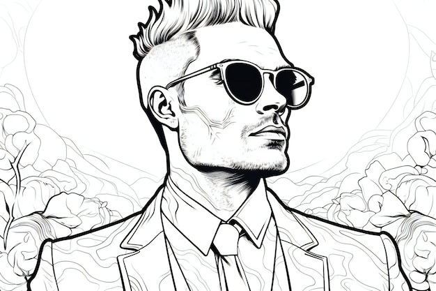 Photo portrait of a handsome man in sunglasses fashion illustration in sketch style