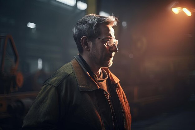 Portrait of a handsome man wearing glasses working at a metallurgy factory