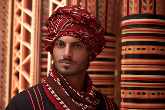 Portrait of a handsome man wearing turban and scarf in the interior