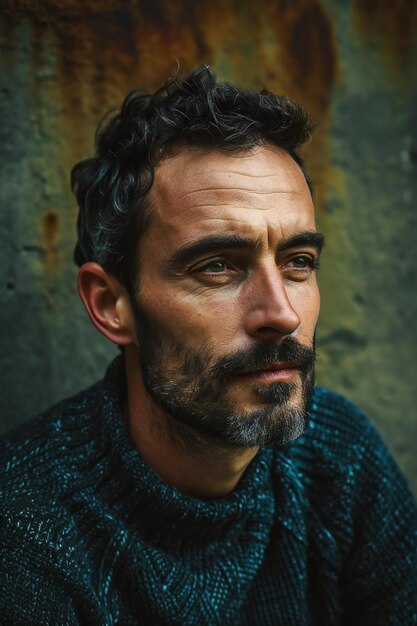 Photo portrait of a handsome man with a beard in a blue sweater