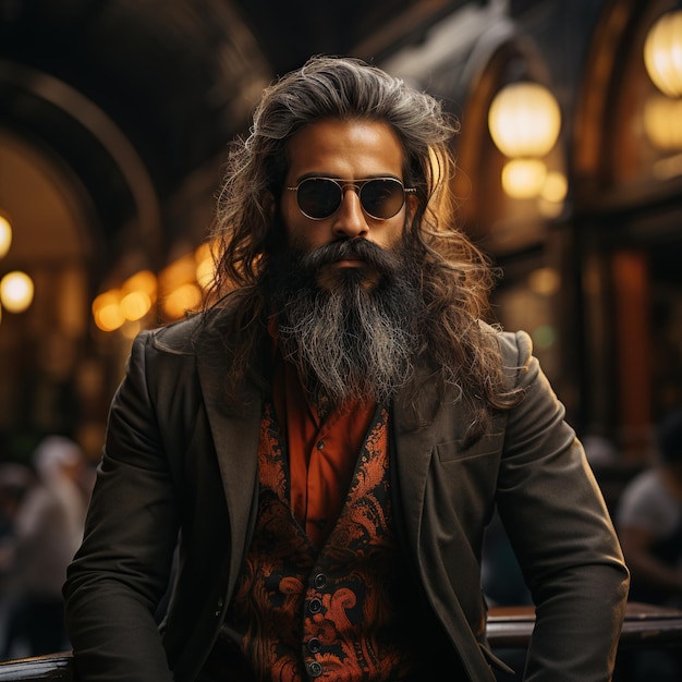 Foto ritratto di un uomo bello con una lunga barba e baffi in abito scuro e occhiali da sole ai generativa