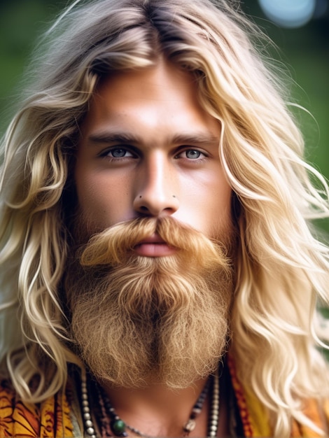 Portrait of a handsome man with long blond hair and beard wearing hippy costume