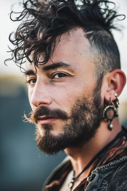 Portrait of a handsome man with long curly hair and beard outdoor