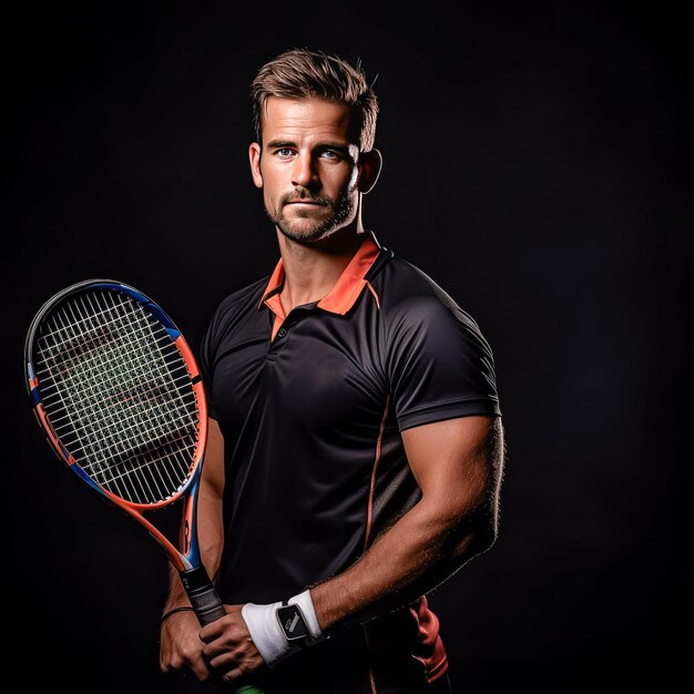 Portrait of a handsome man with tennis racket on a black background