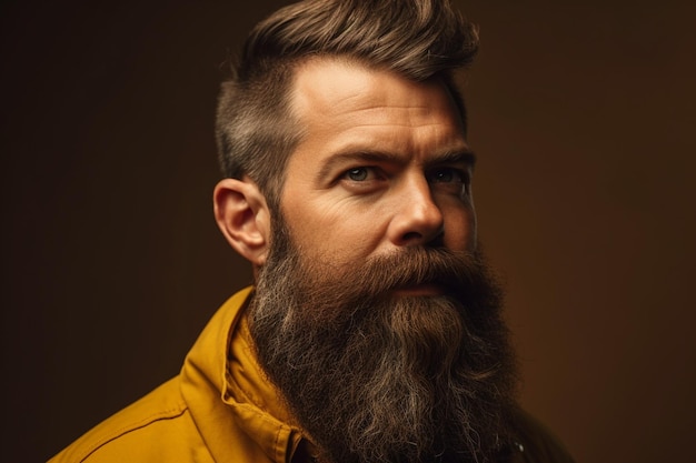 Portrait of a handsome man in a yellow jacket with long beard and mustache on brown background