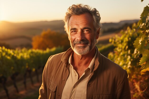 Portrait of a handsome mature man in a vineyard at sunset