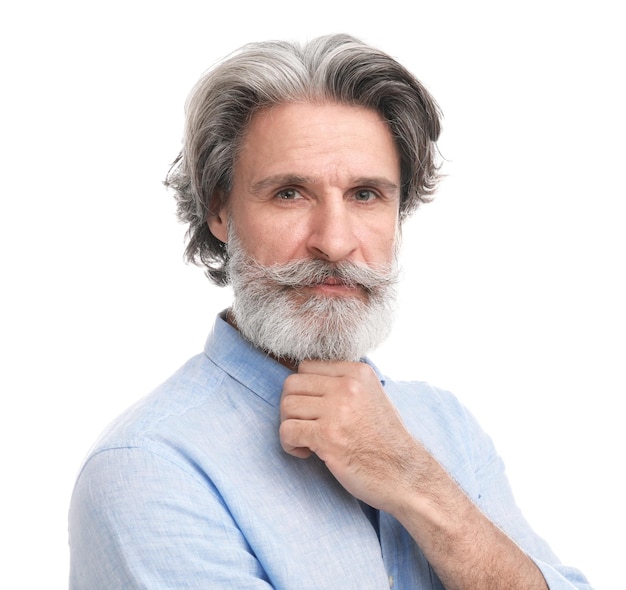 Portrait of handsome mature man on white background