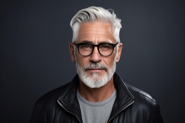 Portrait of handsome mature man with grey hair and beard wearing eyeglasses on gray background
