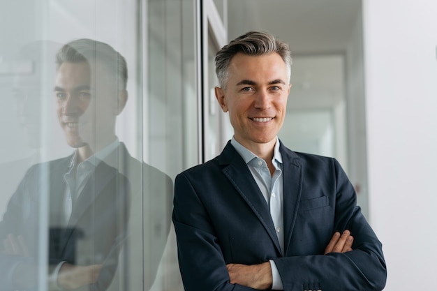 Photo portrait of handsome mature manager with arms crossed looking at camera, smiling standing in modern office