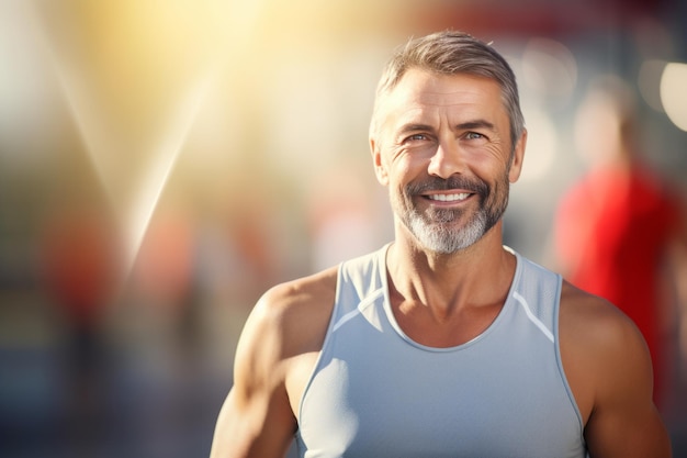 Photo portrait of handsome middle age man who doing sport outdoor morning jogging healthy lifestyle