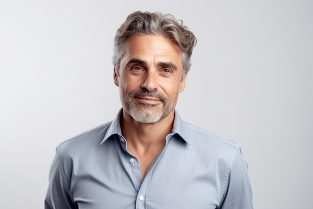 Portrait of handsome middle aged businessman wearing shirt while standing at isolated white backgrou