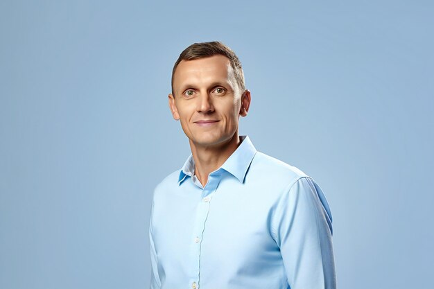 Portrait of handsome middle aged man in blue shirt on blue background