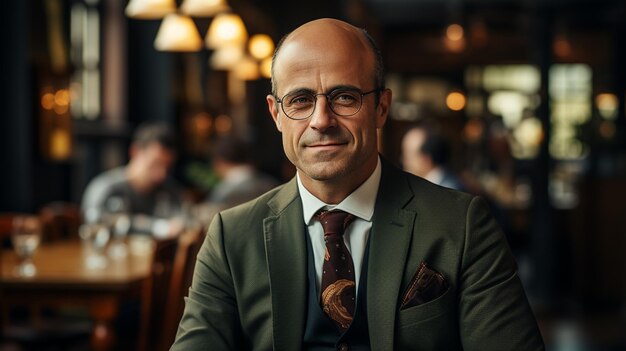 portrait of handsome middle aged man in elegant suit in the cafe