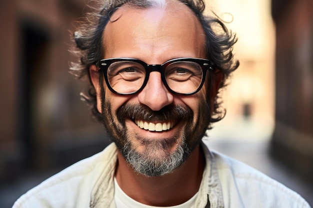 Portrait of a handsome middleaged man wearing glasses and smiling